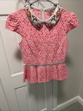 Karen Millen Pink Lace Peplum Top with Jeweled Collar